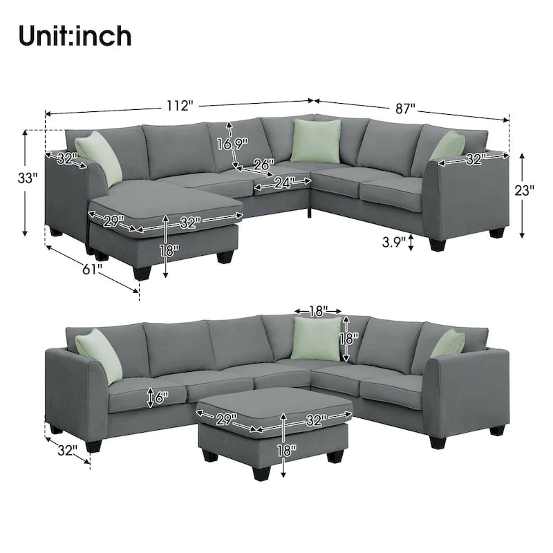 Canapé d'angle modulaire 7 places en forme de L avec pouf et 3 coussins
