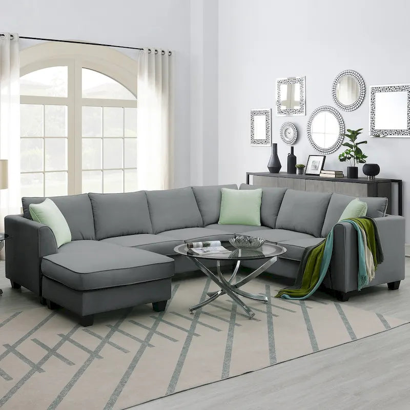 Canapé d'angle modulaire 7 places en forme de L avec pouf et 3 coussins