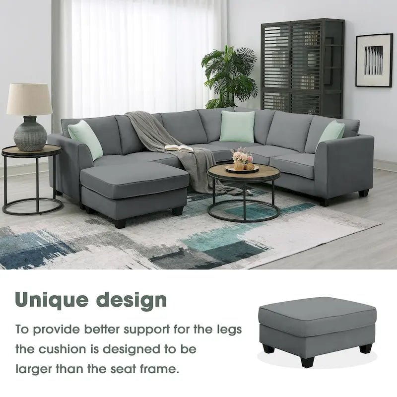 Canapé d'angle modulaire 7 places en forme de L avec pouf et 3 coussins