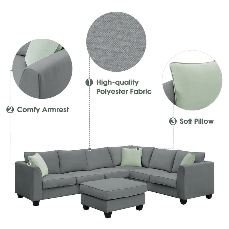 Canapé d'angle modulaire 7 places en forme de L avec pouf et 3 coussins