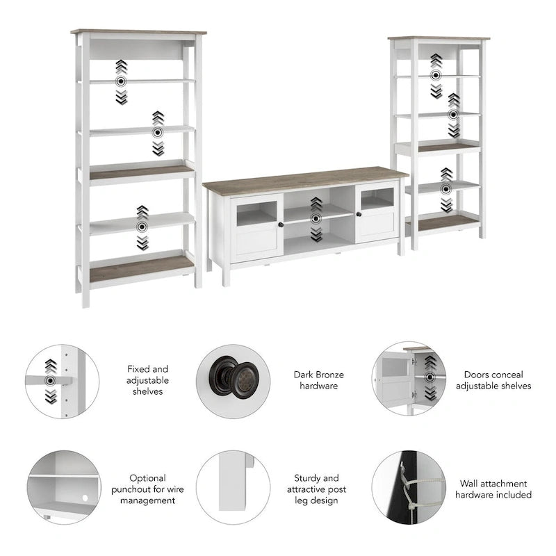 Meuble TV Bush Furniture Mayfield Farmhouse 60W avec bibliothèques.