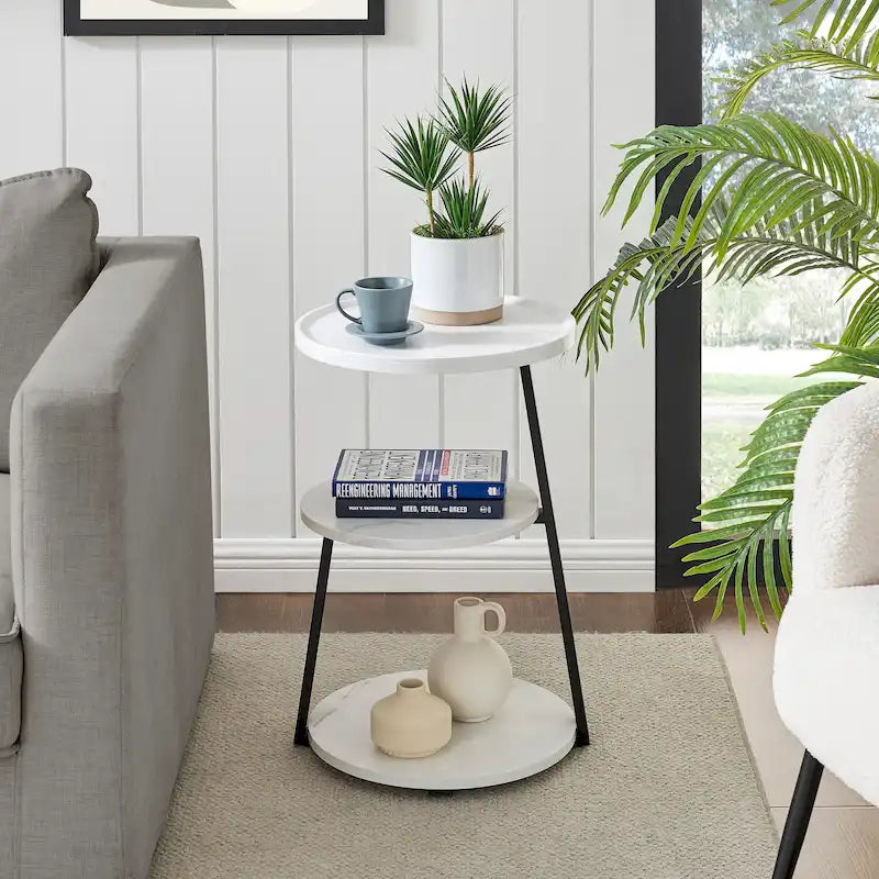 Table d'appoint ronde Skylar à 3 niveaux avec plateau à rebord surélevé et pieds asymétriques en métal de style moderne du milieu du siècle