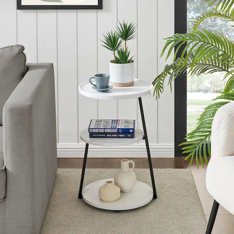 Table d'appoint ronde Skylar à 3 niveaux avec plateau à rebord surélevé et pieds asymétriques en métal de style moderne du milieu du siècle
