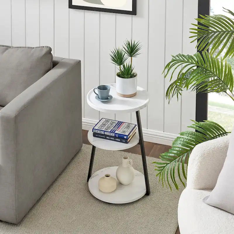 Table d'appoint ronde Skylar à 3 niveaux avec plateau à rebord surélevé et pieds asymétriques en métal de style moderne du milieu du siècle