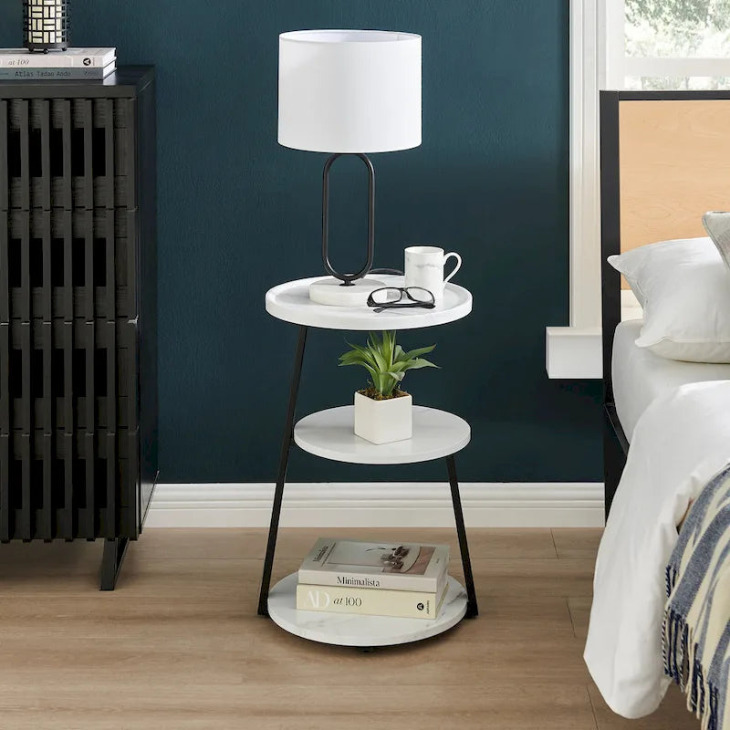 Table d'appoint ronde Skylar à 3 niveaux avec plateau à rebord surélevé et pieds asymétriques en métal de style moderne du milieu du siècle