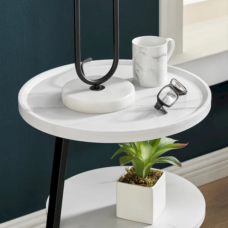 Table d'appoint ronde Skylar à 3 niveaux avec plateau à rebord surélevé et pieds asymétriques en métal de style moderne du milieu du siècle