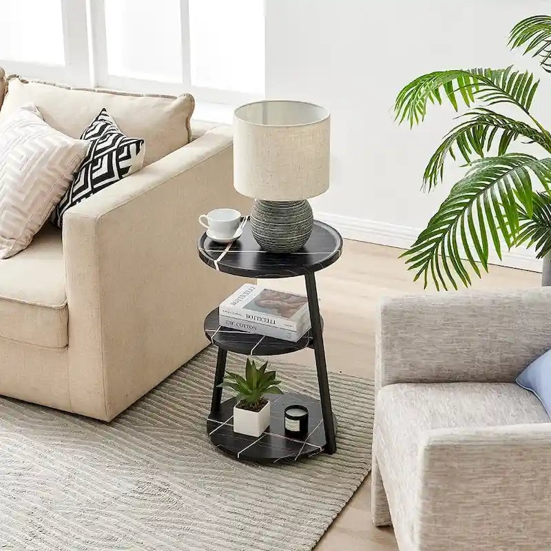 Table d'appoint ronde Skylar à 3 niveaux avec plateau à rebord surélevé et pieds asymétriques en métal de style moderne du milieu du siècle