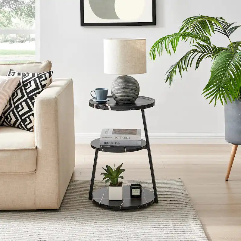 Table d'appoint ronde Skylar à 3 niveaux avec plateau à rebord surélevé et pieds asymétriques en métal de style moderne du milieu du siècle