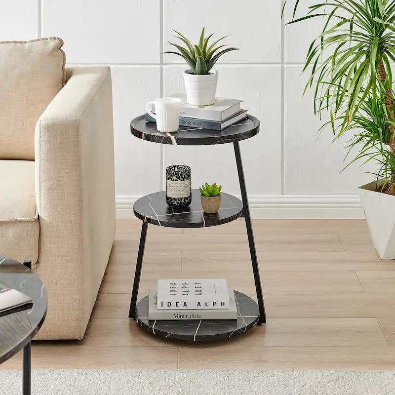 Table d'appoint ronde Skylar à 3 niveaux avec plateau à rebord surélevé et pieds asymétriques en métal de style moderne du milieu du siècle