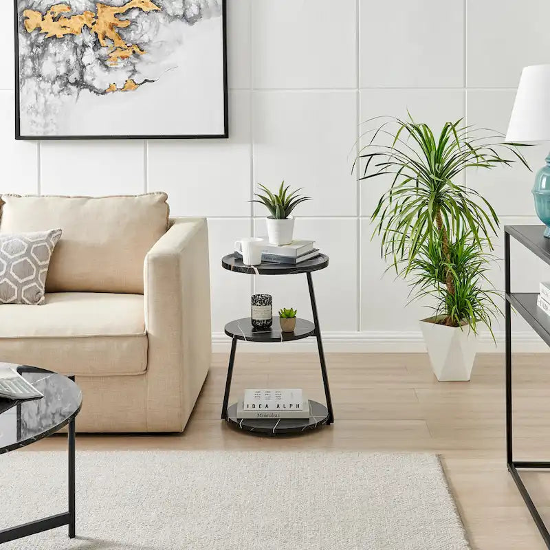 Table d'appoint ronde Skylar à 3 niveaux avec plateau à rebord surélevé et pieds asymétriques en métal de style moderne du milieu du siècle