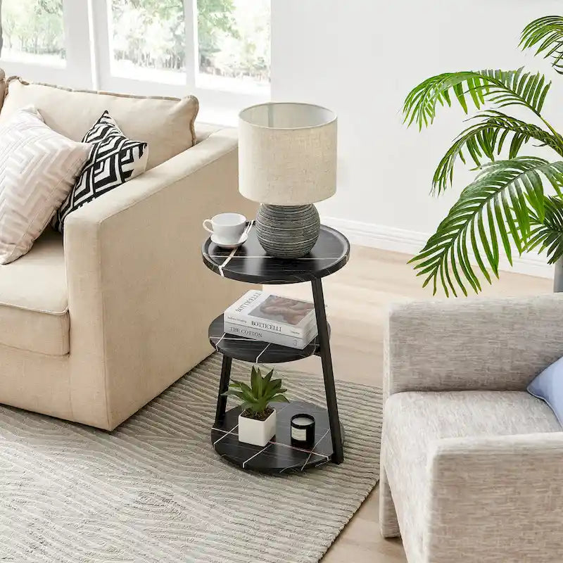 Table d'appoint ronde Skylar à 3 niveaux avec plateau à rebord surélevé et pieds asymétriques en métal de style moderne du milieu du siècle