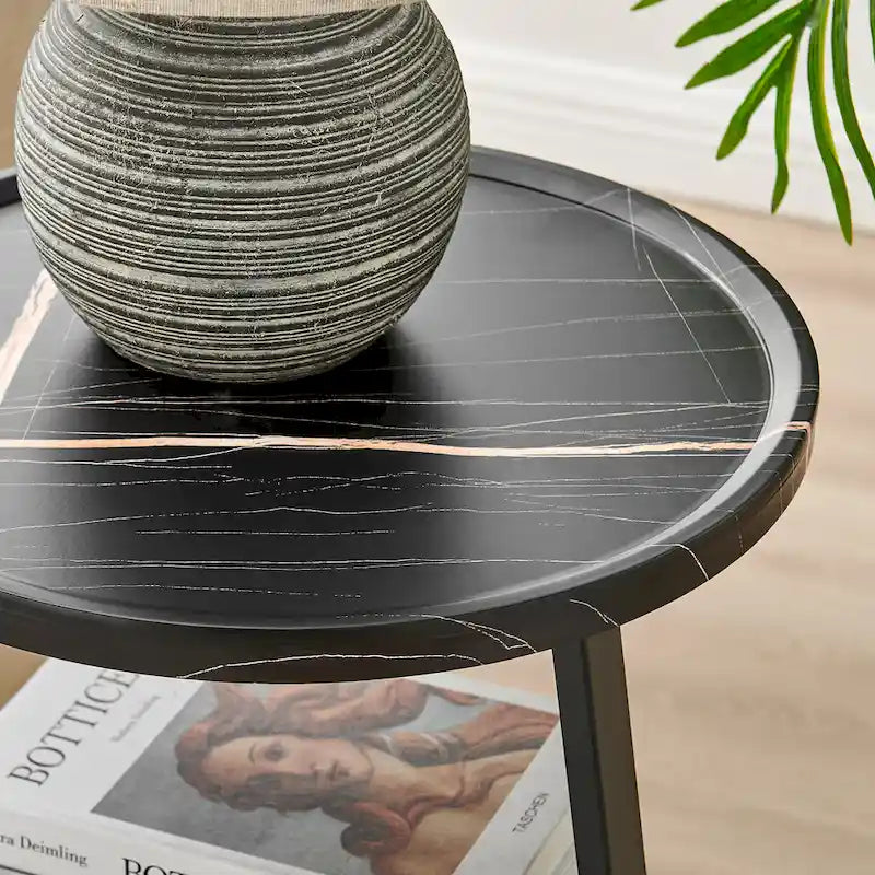 Table d'appoint ronde Skylar à 3 niveaux avec plateau à rebord surélevé et pieds asymétriques en métal de style moderne du milieu du siècle