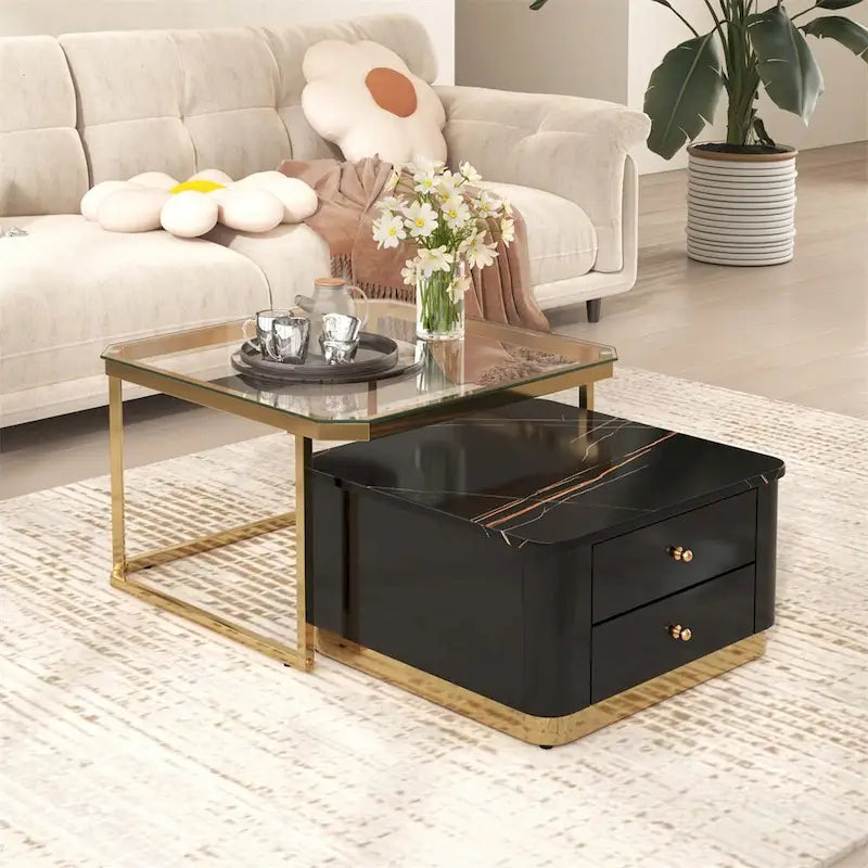 Table basse gigogne 2 pièces avec tiroirs et pieds plaqués or