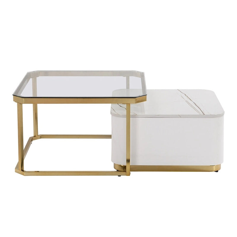 Table basse gigogne 2 pièces avec tiroirs et pieds plaqués or