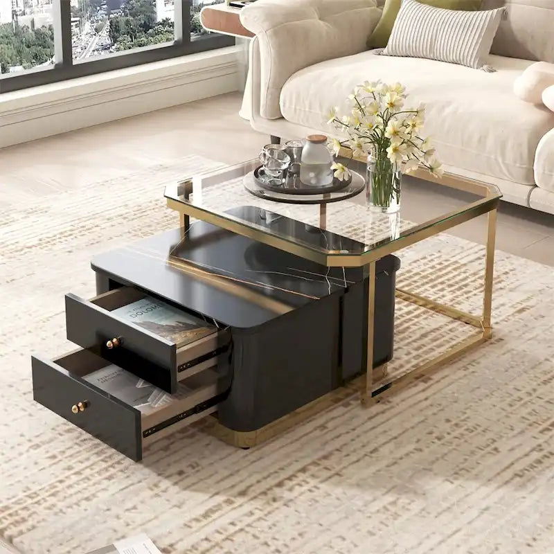 Table basse gigogne 2 pièces avec tiroirs et pieds plaqués or