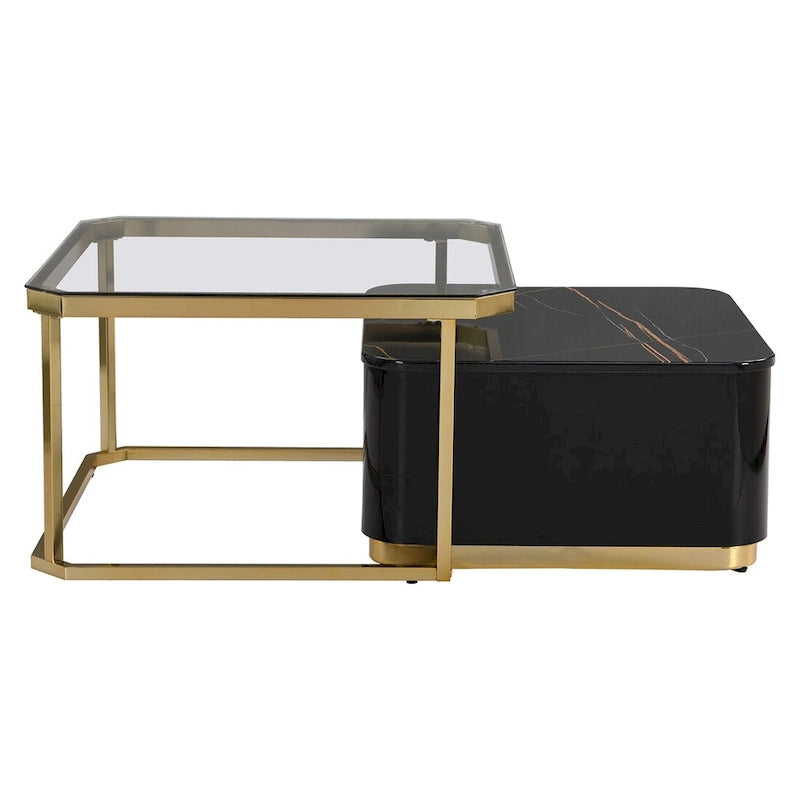 Table basse gigogne 2 pièces avec tiroirs et pieds plaqués or