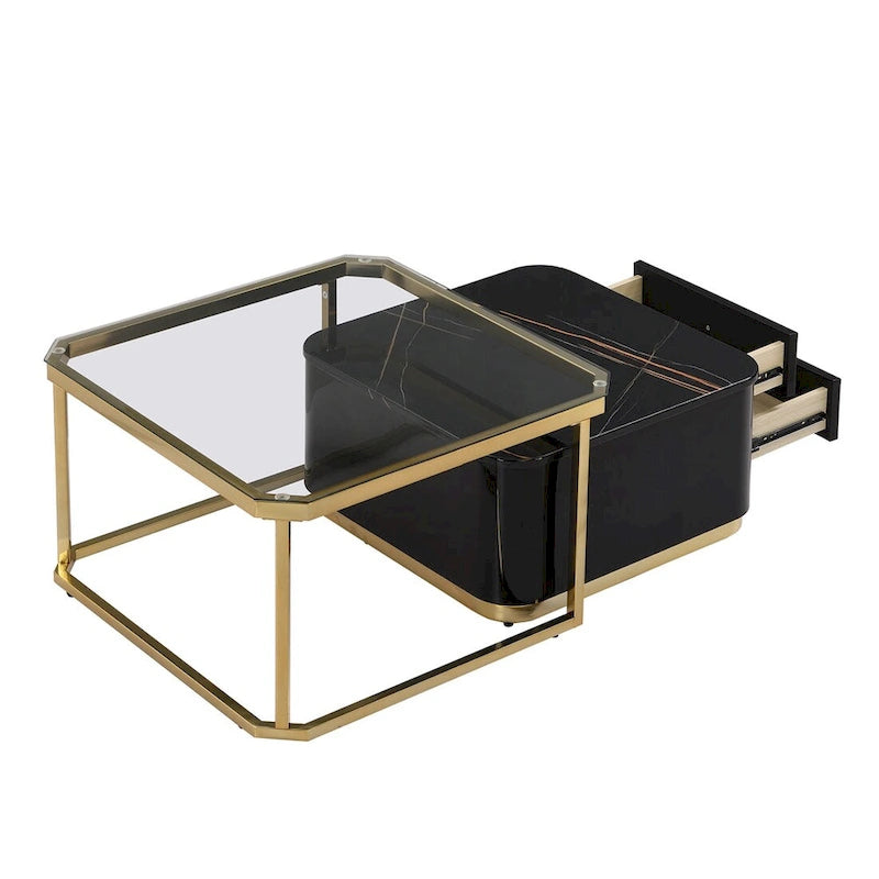 Table basse gigogne 2 pièces avec tiroirs et pieds plaqués or