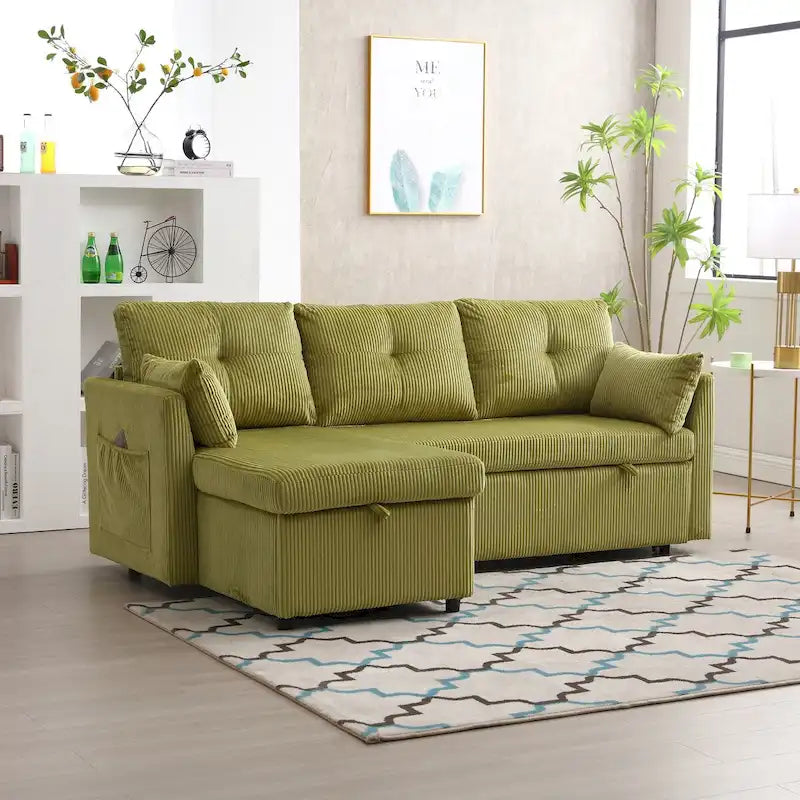 Canapé d'angle modulable en velours côtelé en forme de L avec méridienne de rangement, couleur olive