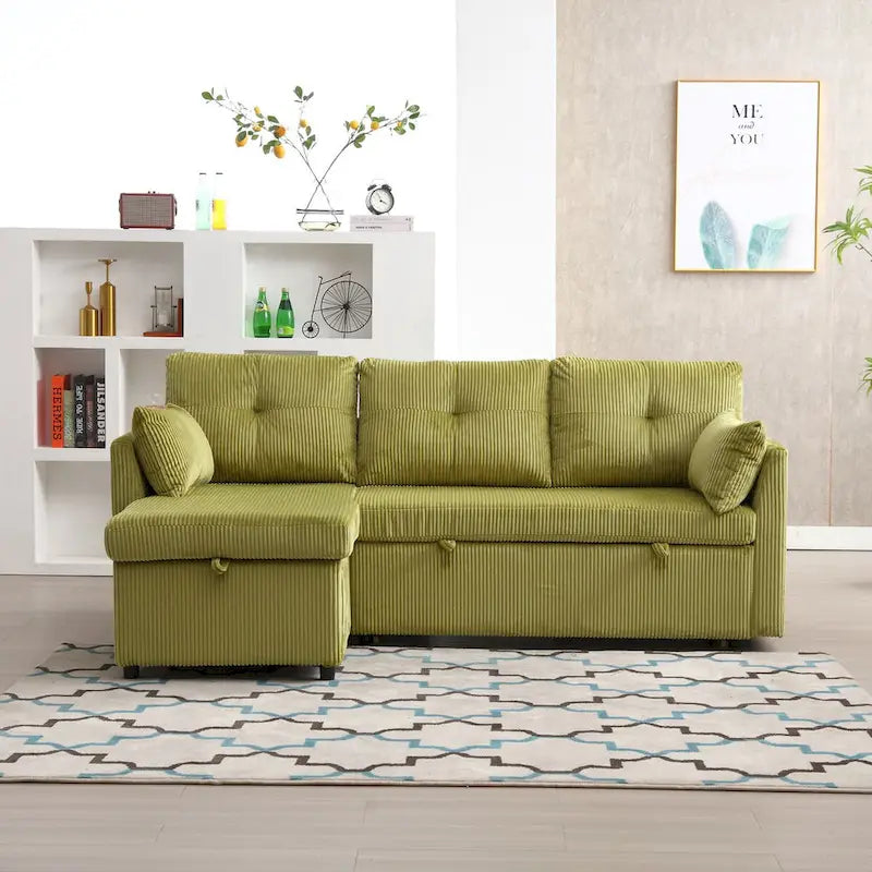 Canapé d'angle modulable en velours côtelé en forme de L avec méridienne de rangement, couleur olive