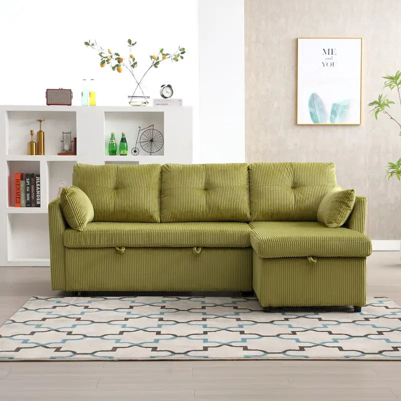Canapé d'angle modulable en velours côtelé en forme de L avec méridienne de rangement, couleur olive