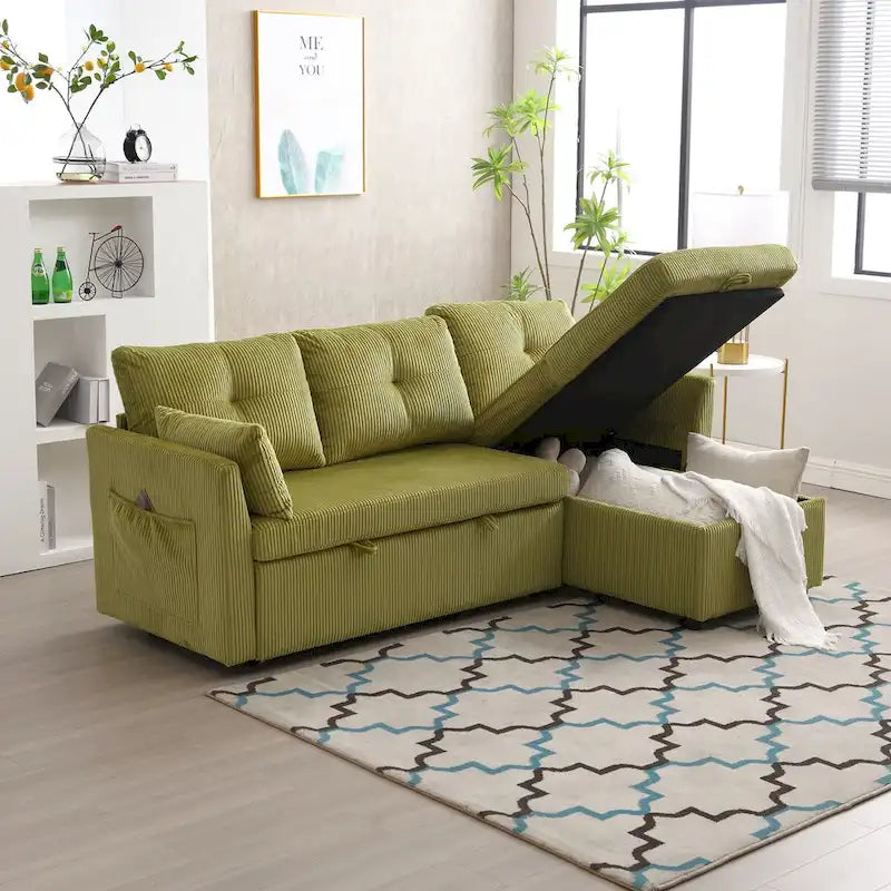 Canapé d'angle modulable en velours côtelé en forme de L avec méridienne de rangement, couleur olive