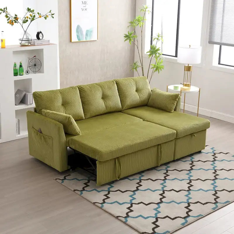 Canapé d'angle modulable en velours côtelé en forme de L avec méridienne de rangement, couleur olive