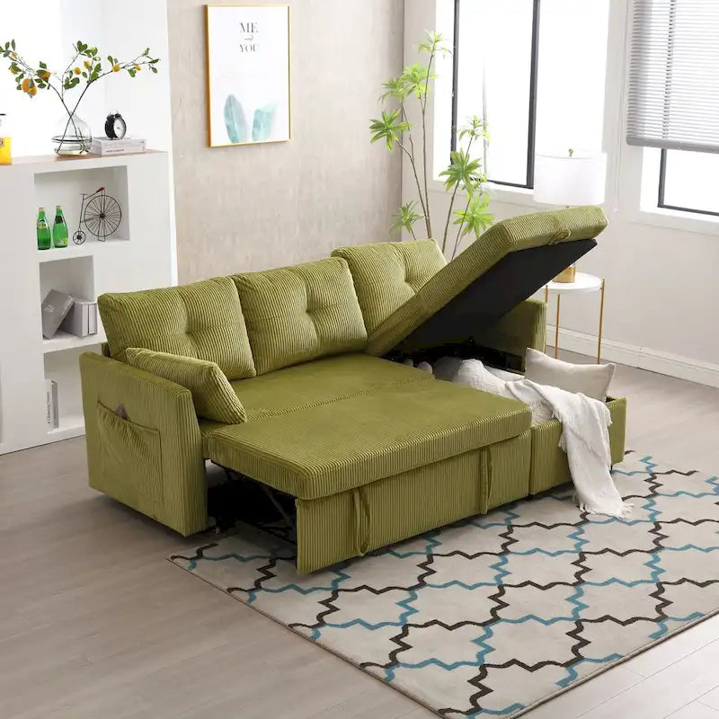 Canapé d'angle modulable en velours côtelé en forme de L avec méridienne de rangement, couleur olive