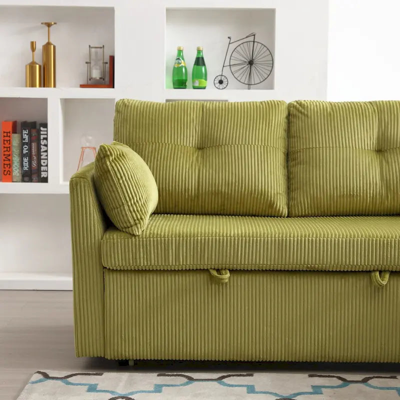 Canapé d'angle modulable en velours côtelé en forme de L avec méridienne de rangement, couleur olive