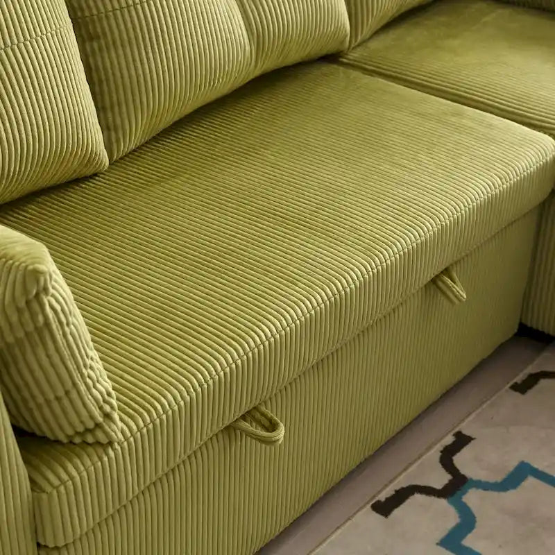 Canapé d'angle modulable en velours côtelé en forme de L avec méridienne de rangement, couleur olive