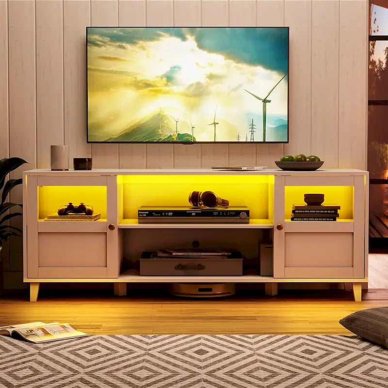 Meuble TV LED avec éclairage intégré, console multimédia et rangement - 152 cm de largeur