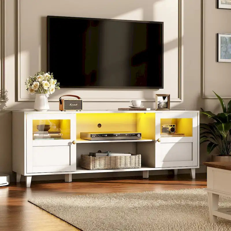 Meuble TV LED avec éclairage intégré, console multimédia et rangement - 152 cm de largeur
