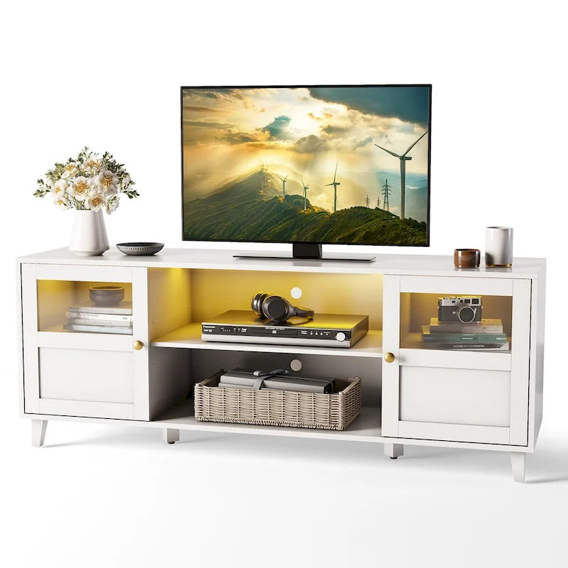 Meuble TV LED avec éclairage intégré, console multimédia et rangement - 152 cm de largeur
