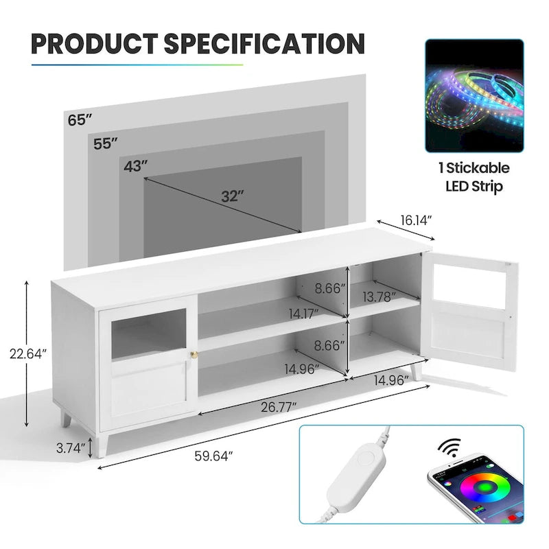 Meuble TV LED avec éclairage intégré, console multimédia et rangement - 152 cm de largeur