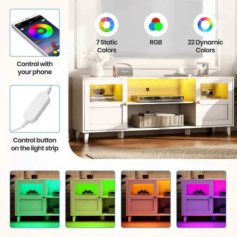 Meuble TV LED avec éclairage intégré, console multimédia et rangement - 152 cm de largeur