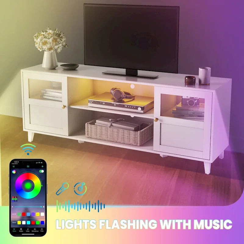 Meuble TV LED avec éclairage intégré, console multimédia et rangement - 152 cm de largeur