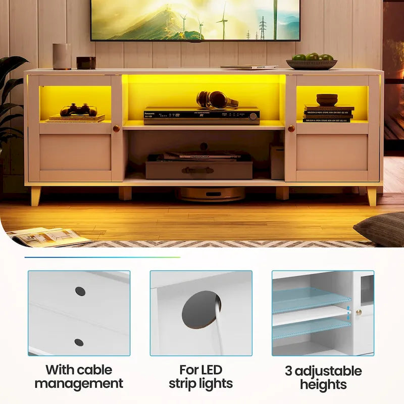 Meuble TV LED avec éclairage intégré, console multimédia et rangement - 152 cm de largeur