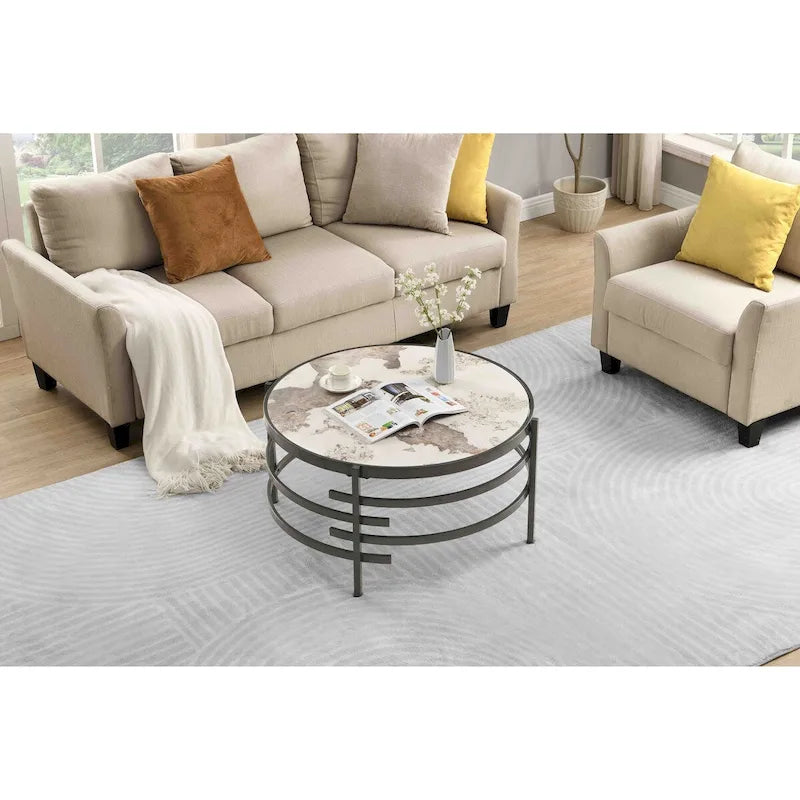 Table basse moderne avec plateau en pierre frittée et structure métallique robuste