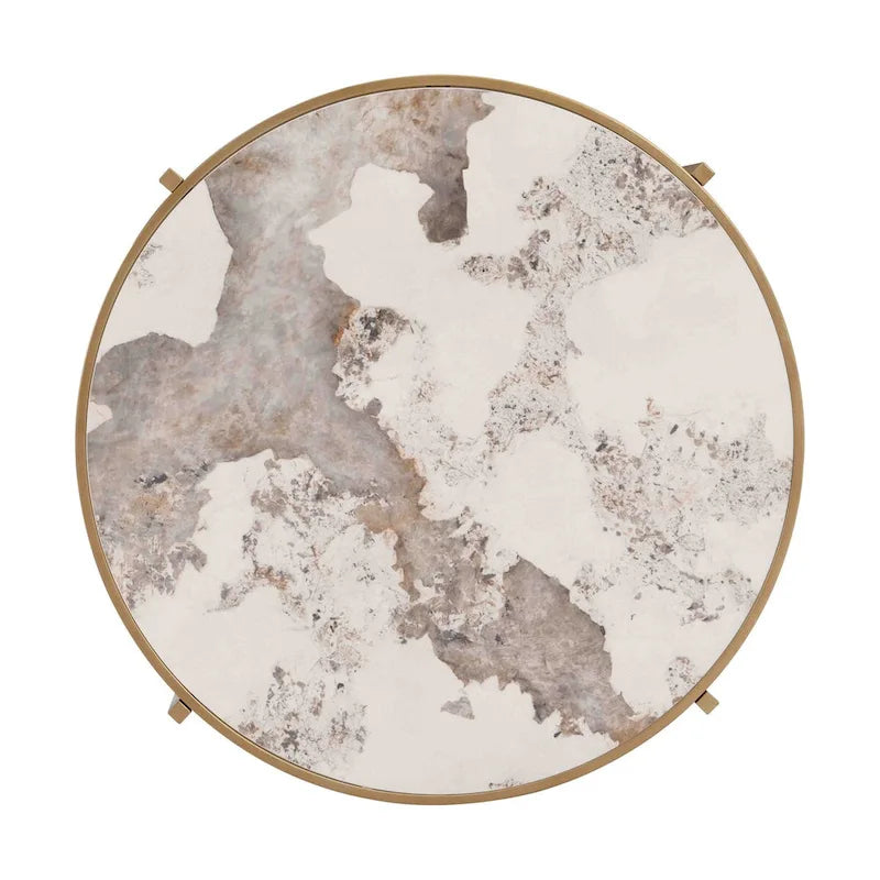 Table basse moderne avec plateau en pierre frittée et structure métallique robuste