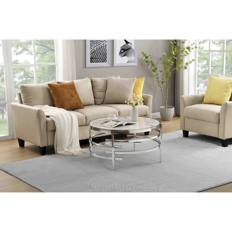 Table basse moderne avec plateau en pierre frittée et structure métallique robuste