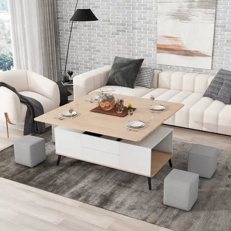 Ensemble de 5 pièces comprenant une table basse relevable avec rangement et une table à manger convertible.