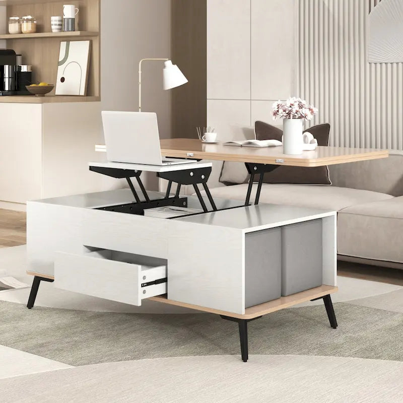 Ensemble de 5 pièces comprenant une table basse relevable avec rangement et une table à manger convertible.