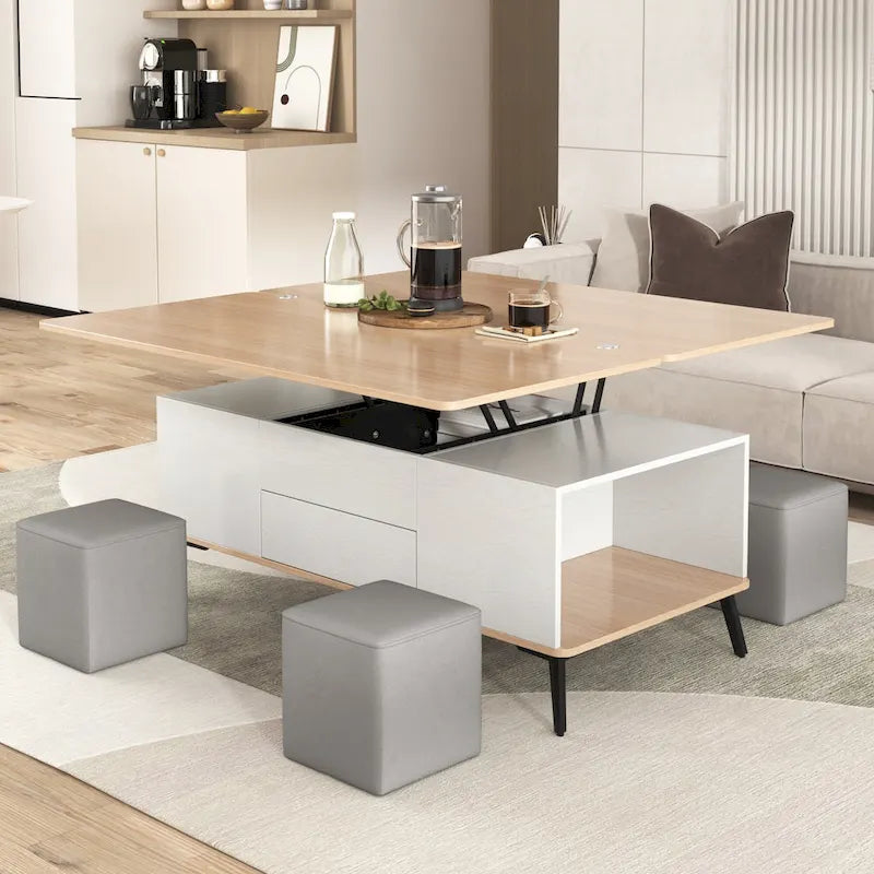 Ensemble de 5 pièces comprenant une table basse relevable avec rangement et une table à manger convertible.