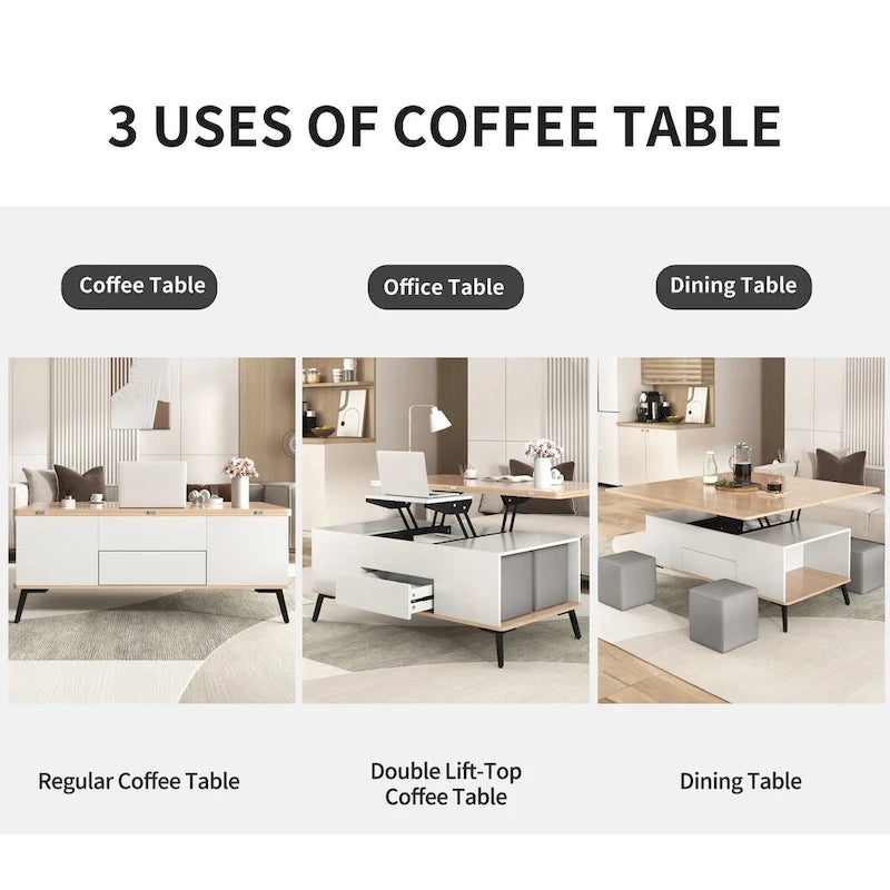 Ensemble de 5 pièces comprenant une table basse relevable avec rangement et une table à manger convertible.