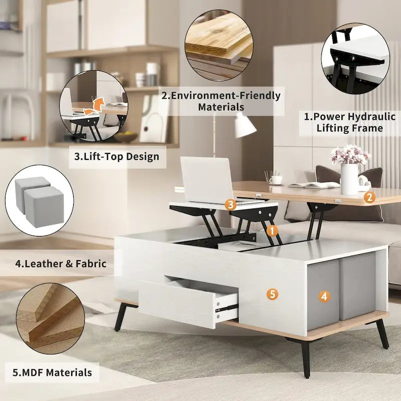 Ensemble de 5 pièces comprenant une table basse relevable avec rangement et une table à manger convertible.