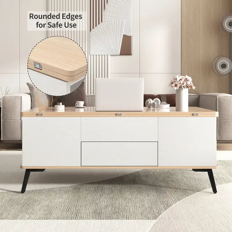 Ensemble de 5 pièces comprenant une table basse relevable avec rangement et une table à manger convertible.
