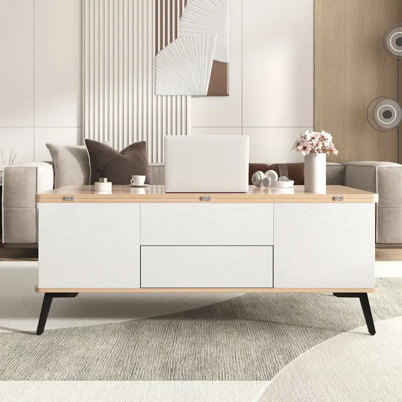 Ensemble de 5 pièces comprenant une table basse relevable avec rangement et une table à manger convertible.