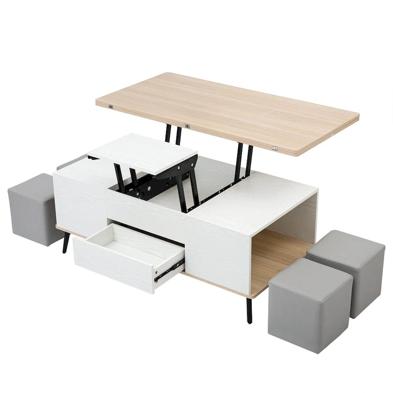 Ensemble de 5 pièces comprenant une table basse relevable avec rangement et une table à manger convertible.
