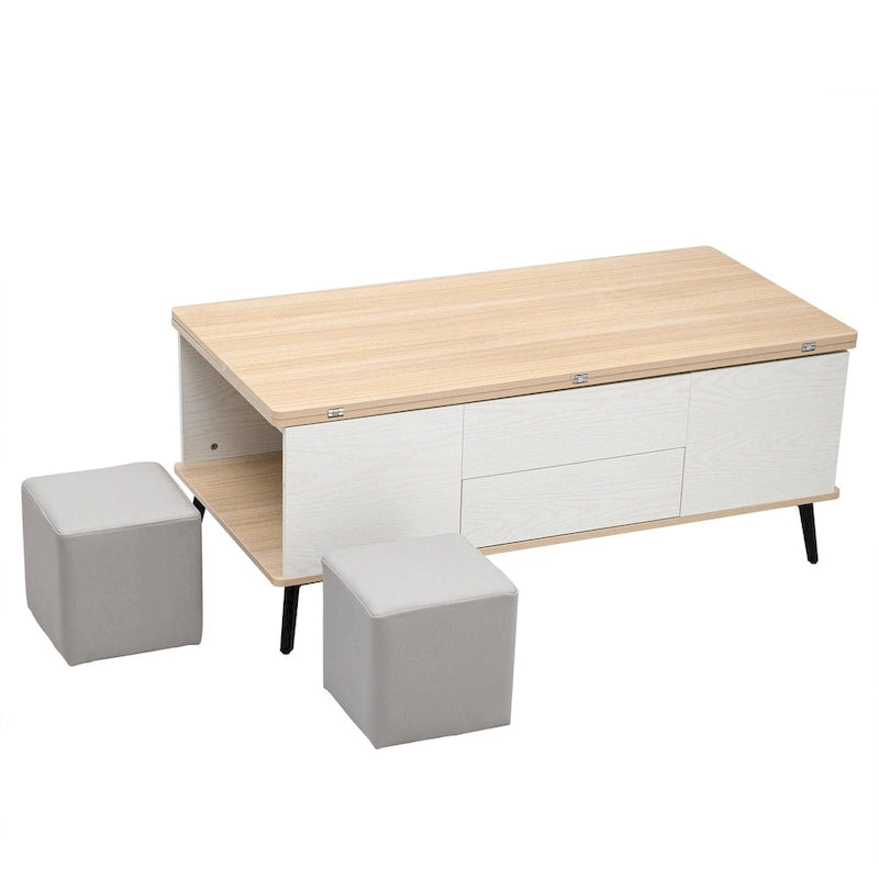 Ensemble de 5 pièces comprenant une table basse relevable avec rangement et une table à manger convertible.