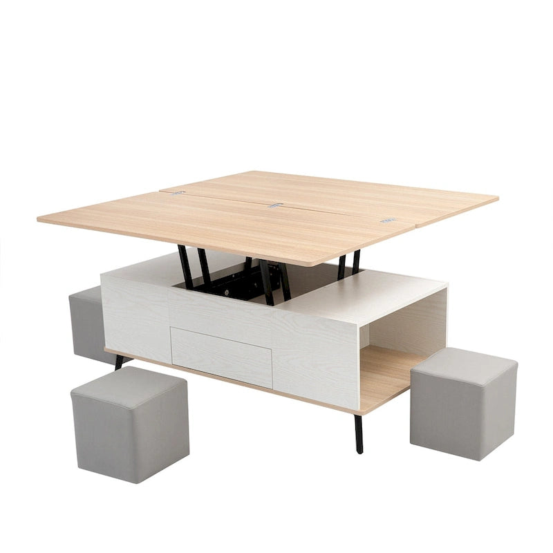Ensemble de 5 pièces comprenant une table basse relevable avec rangement et une table à manger convertible.