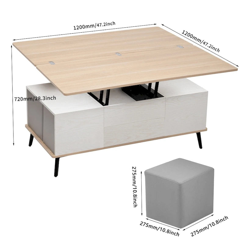 Ensemble de 5 pièces comprenant une table basse relevable avec rangement et une table à manger convertible.